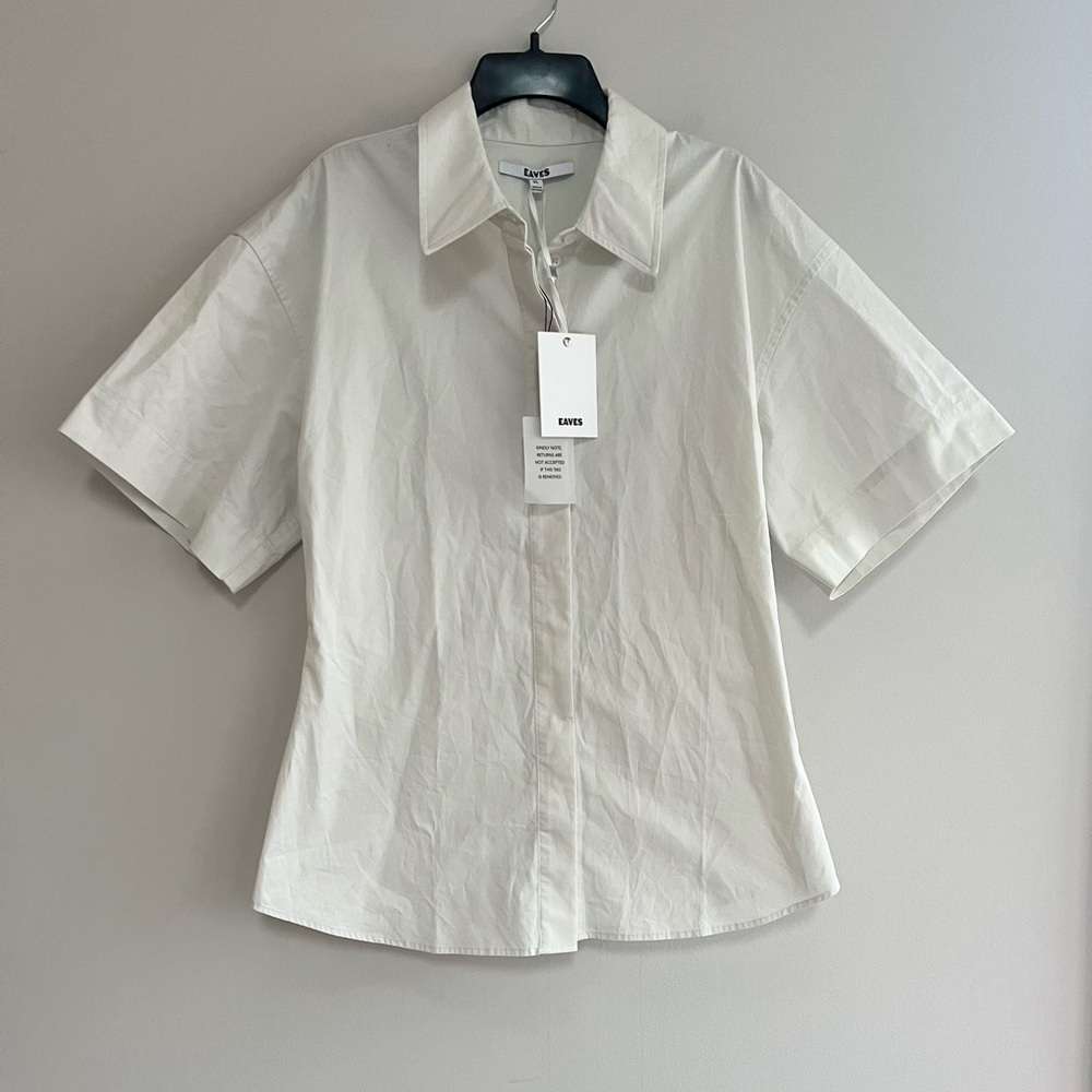 EAVES Aven Cotton Button Down Short Sleeve Shirt in Chalk Off White, size XL - Picture 2 of 11